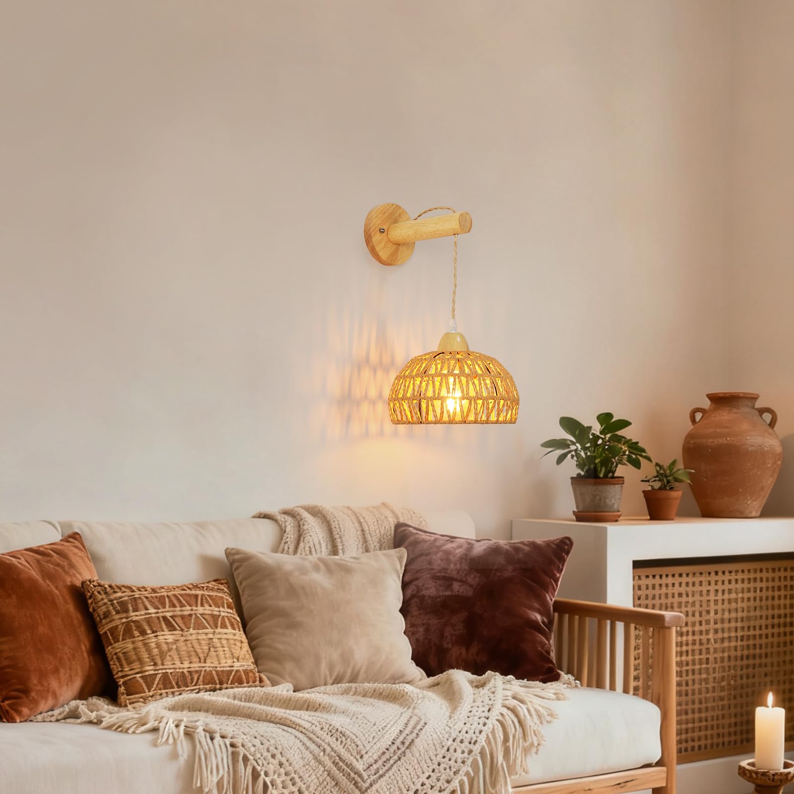 Applique Murale Bois Intérieur Vintage, E27 Lampes Murale Boho avec Abat-jour en Rotin, Bois Cage Applique Rotin Luminaire Murale E27 pour Salon Chambre Couloir Salle à Manger (Sans Ampoule)