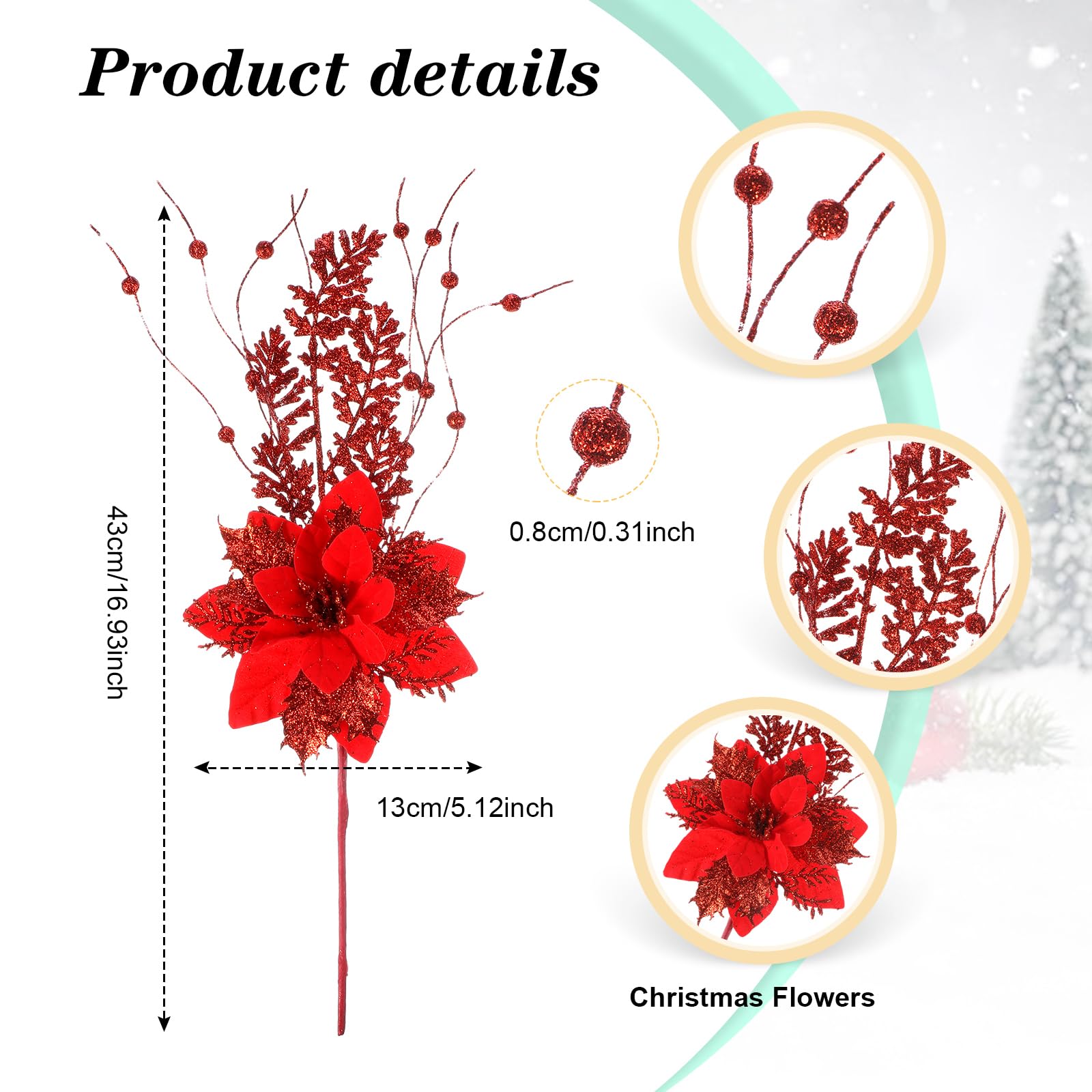 Canlierr 15 Stück 43,2 cm künstliche Glitzer-Beerenstiel-Ornamente mit Weihnachtsstern, Weihnachtsstern, für Weihnachtsbaum, Vase, Urlaub, Party, Heimdekoration (rot)