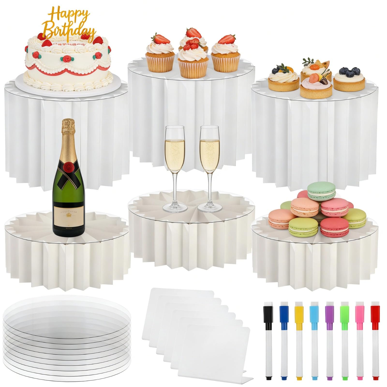 Présentoirs à desserts et rehausseurs de buffet pliables avec tableaux d'écriture | Lot de 6