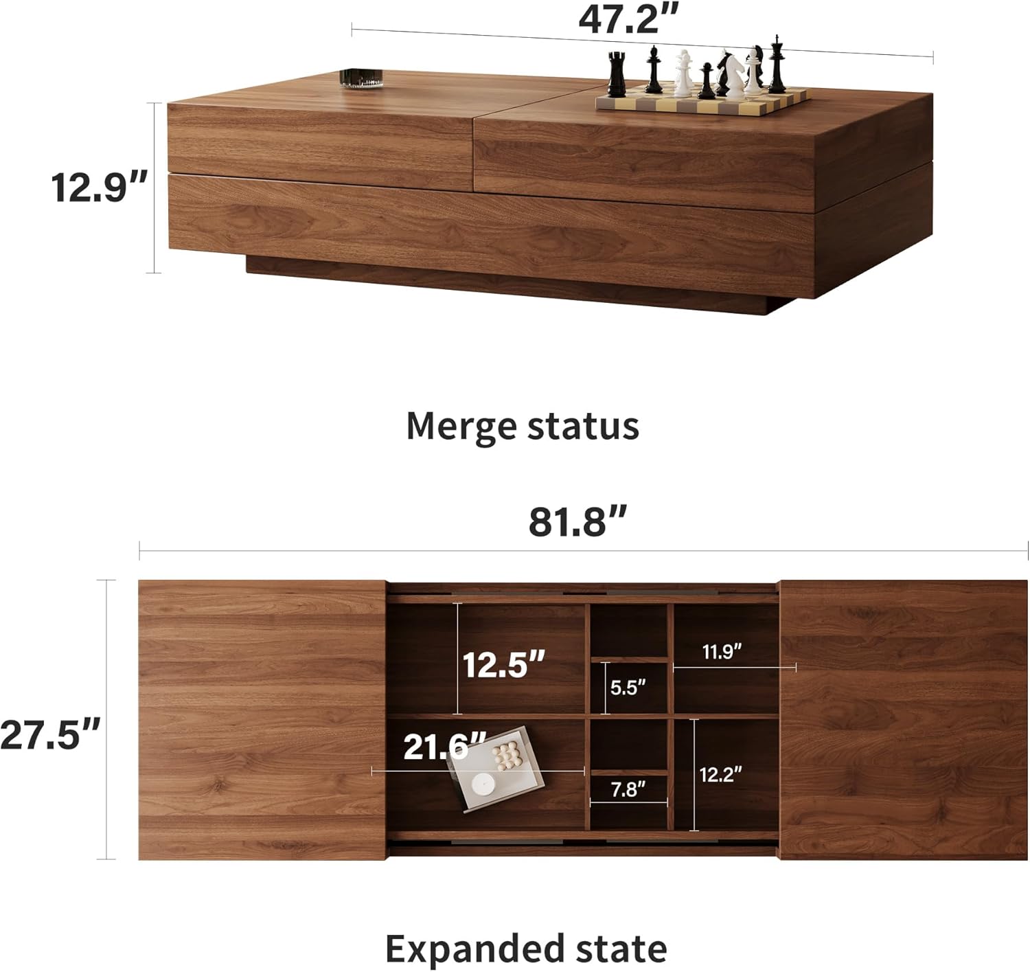 Extendable Rectangular Coffee Table with Concealed Storage Compartment, Expandable Width from 47.2" to 81.8", MDF Construction, Suitable for Living Room or Bedroom, Walnut Finish