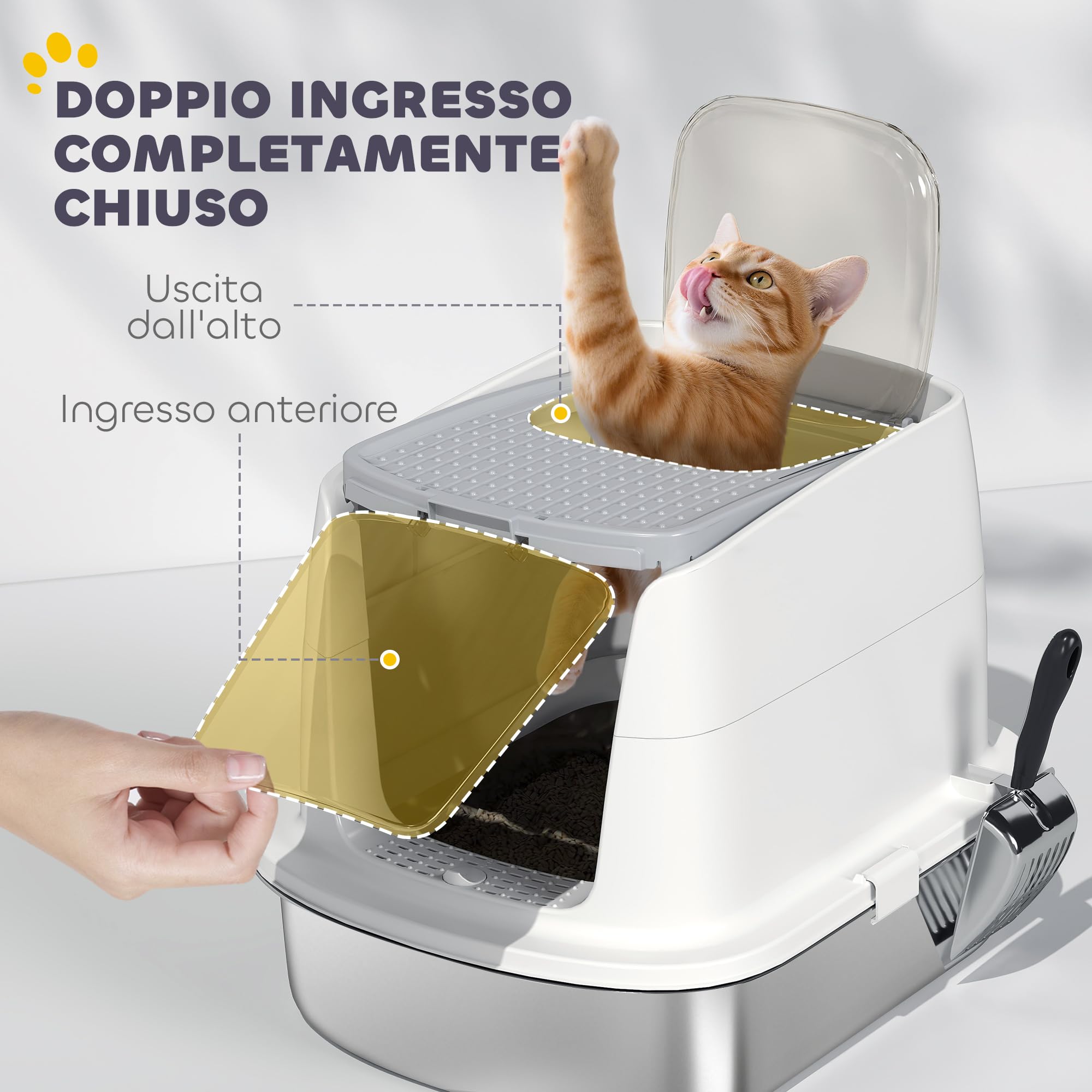PawHut Lettiera per Gatti Chiusa a 2 Ingressi con Deodorante e Paletta, Lettiera per Gattini in Acciaio Inox, ABS e PP, 52.4x41.3x39.8 cm, Bianco