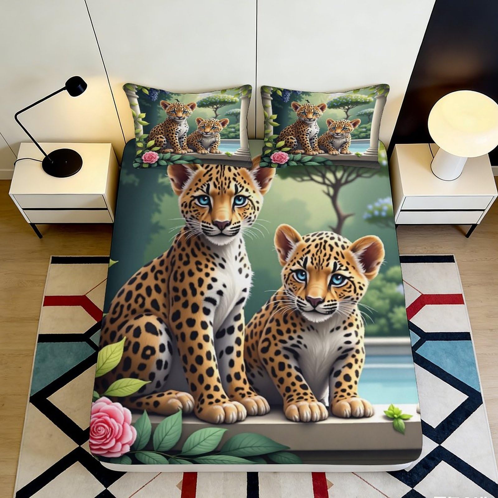 3D Printed Leopard Cubs Fitted Sheet Microfiber Soft Breathable Jungle Scene Bed Cover for Bedroom Dormitory Guest Room Mattress Protection Decor 140x200x25cm