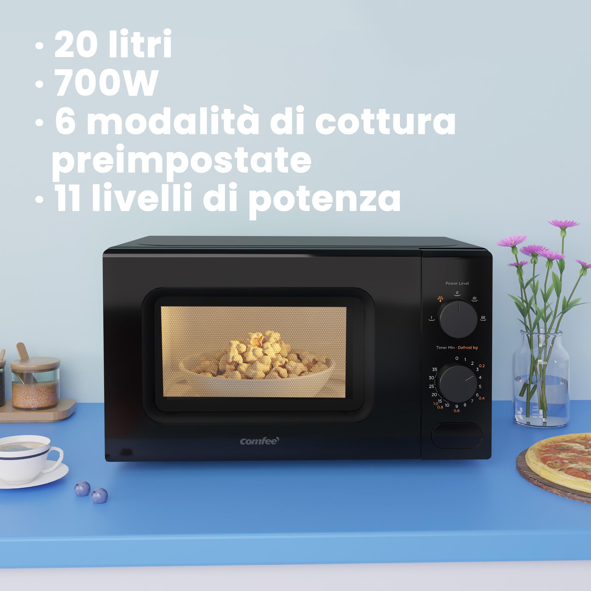 COMFEE' Kuchenka mikrofalowa czarna, 20 litrów, 700 W, 5 poziomów mocy, funkcja szybkiego rozmrażania, timer ręczny, kompaktowa konstrukcja-CM-M202CC(BK)