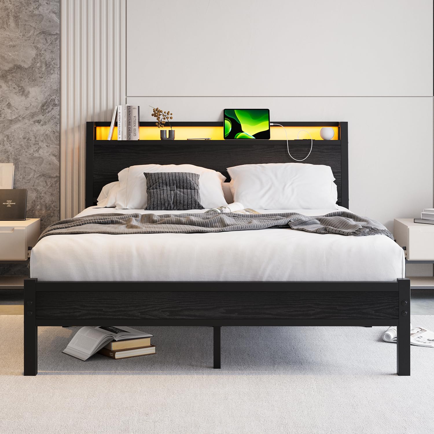 ZGEHCO Queen Bed Frame with Ergonomic Headboard & Charging Station,LED Bed Frame Queen Size Metal Platform Bed Frame with Storage No Box Spring Needed,Heavy Duty Steel Slats,Noise Free, Black