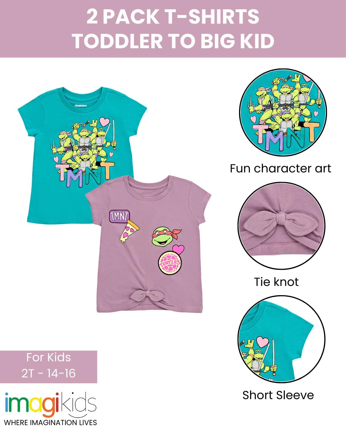 TEENAGE MUTANT NINJA Turtles Girls' 2-Pack Short Sleeve T-Shirts Toddler to Big Kid