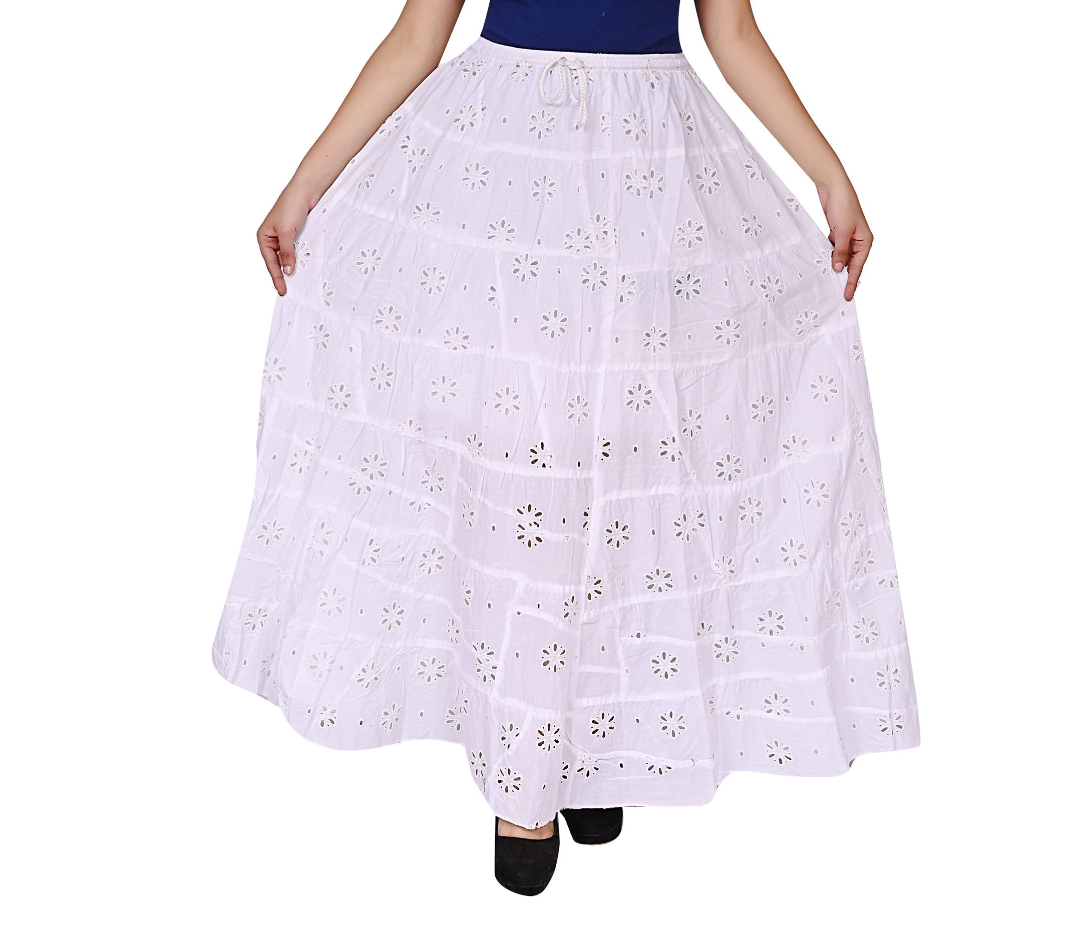 tvesa White chikankaari embroidary Cotton Long Skirt for Women & Girls, Waist size-28-42 inches-picture-15