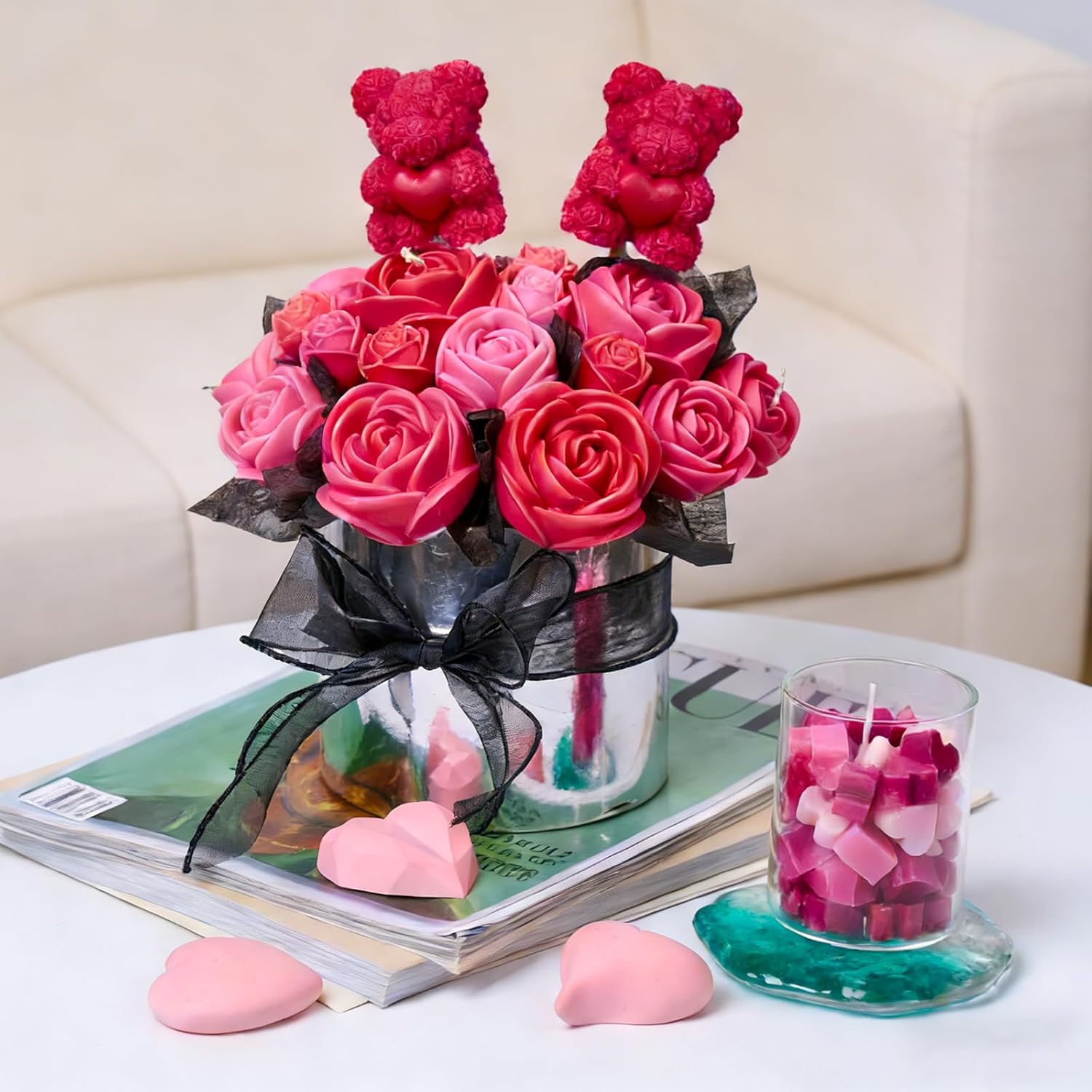 Rose Bucket Candle Kit Handmade Gift Soy Wax Beads for Candle Making Rose Silicone Mold 3D Flower Candle Molds All in One Kit Accessories Set Valentine's Day Gift (Silvery)