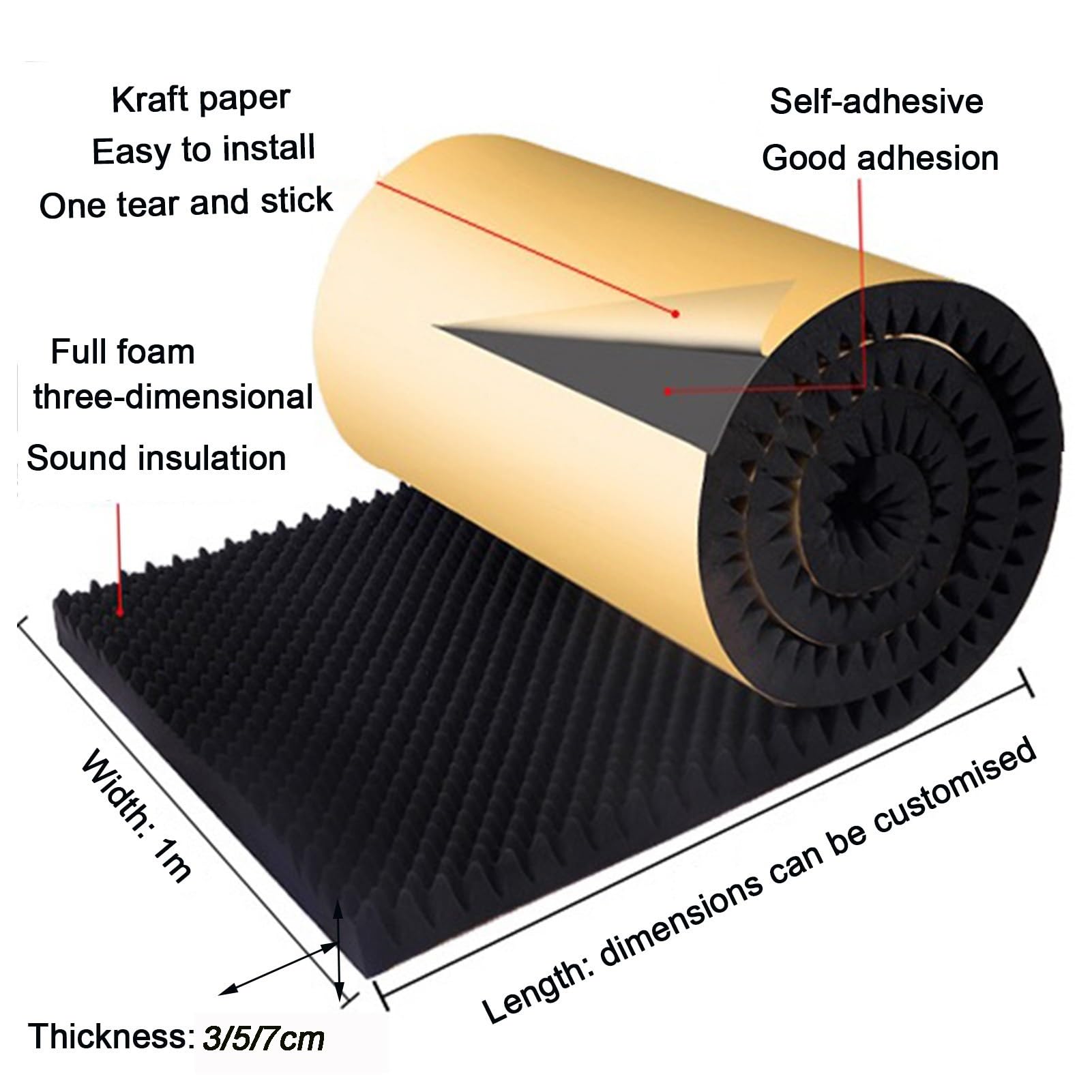 Samoprzylepne panele akustyczne, wyściółka odporna na wysoką gęstość, dźwiękoszczelny panel z pianki akustycznej, odporna na kolizje, trwała wyściółka z pianki (Grey 5cm 1x40m)