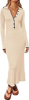 Women Fall Long Sleeve V Neck Sweater Dress Casual Lapel Button Up Slim Fit Ribbed Knit Long Maxi Dresses - Buy now