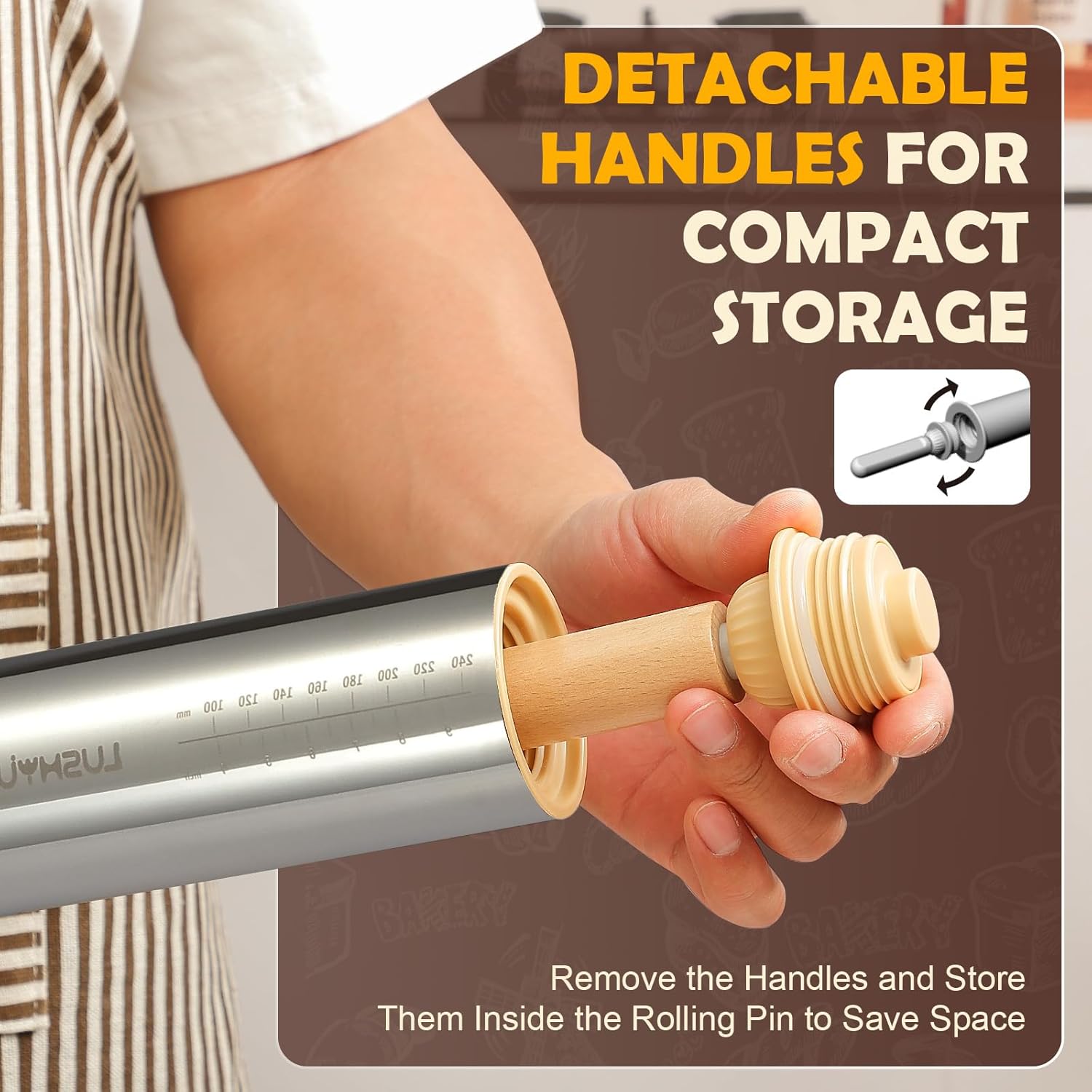 Adjustable Rolling Pin with Thickness Rings 304 Stainless Steel Dough Roller with Dual-Purpose Stand Detachable Handles for Pizza Cookies Fondant Non Stick Metal Kitchen Tool Gift for Bakers