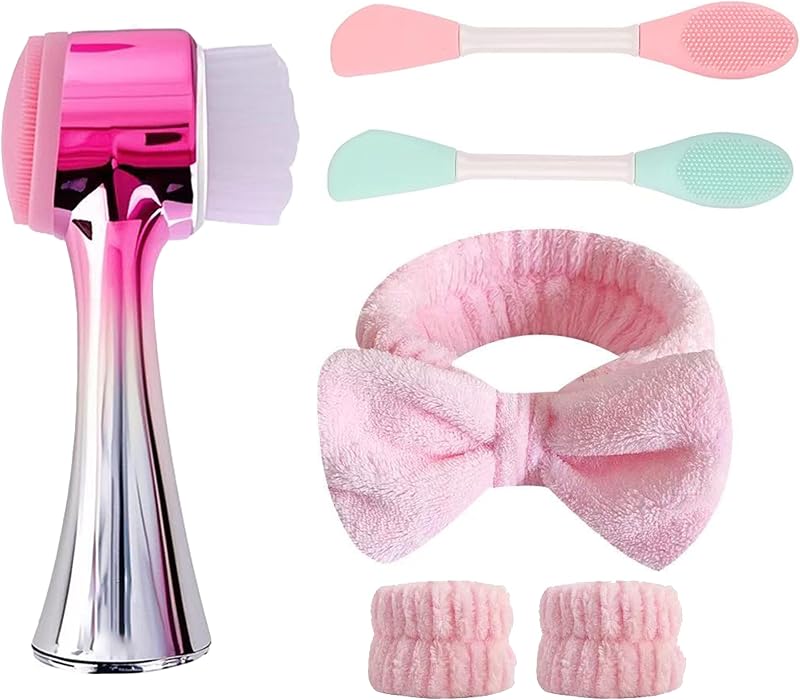Kit OHES com escova manual para limpeza facial, faixa de cabelo, munhequeiras e pincéis para máscara, 6 peças (prata e rosa)
