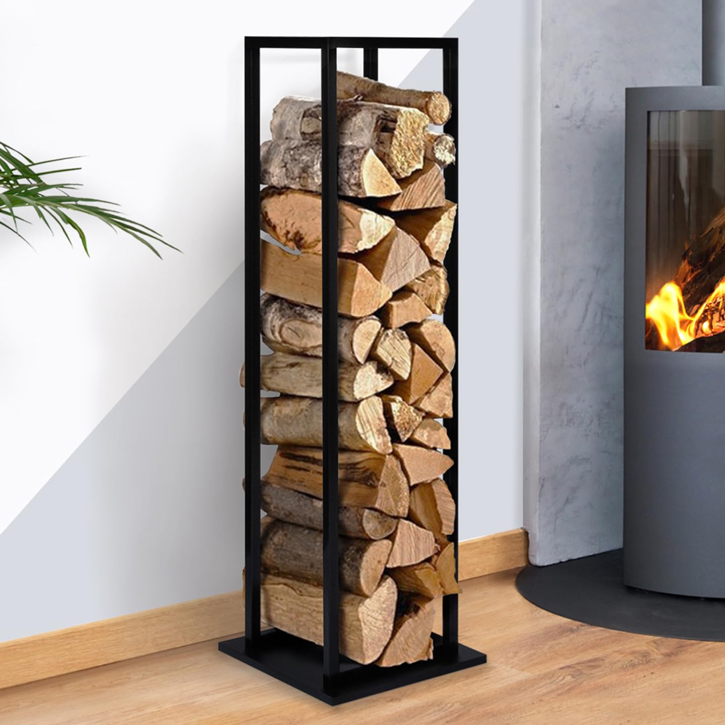 IDMarket - Range bûches Vertical Acier Noir avec étagère H.112 CM pour cheminée