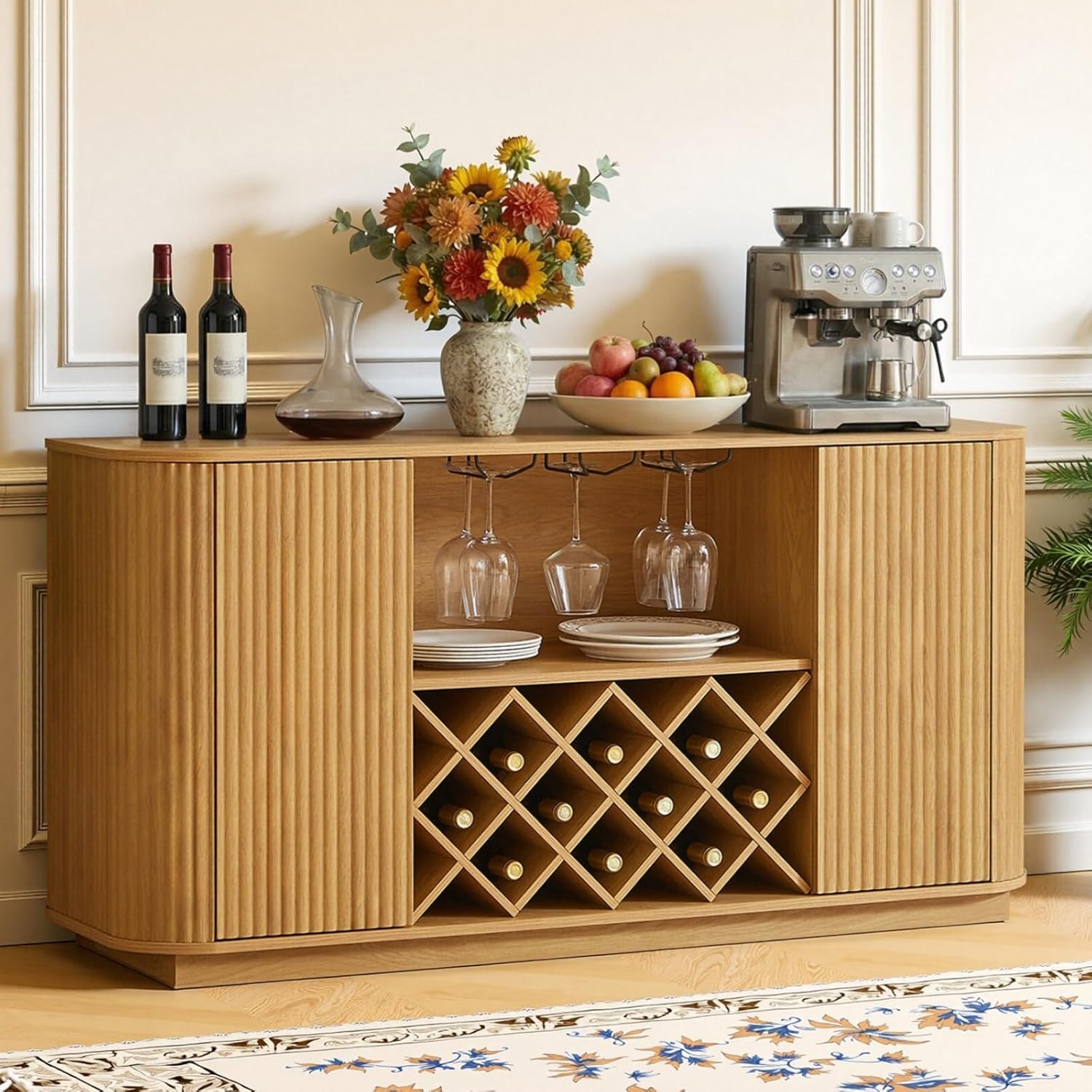 Rovibek Fluted Wine Bar Cabinet with Storage, 58" Buffet Sideboard Cabinet Sideboard with Wine Rack & Glass Holder, Farmhouse Wine and Coffee Bar Cabinet for Living Room, Kitchen, Natural Color