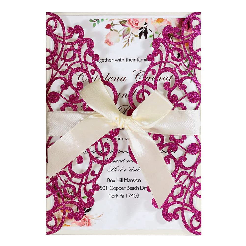 Set di 25 biglietti di invito per matrimonio, stile retrò, elegante pizzo con biglietti vuoti interni, busta, levigatrice e nastri, biglietti fatti a mano, per matrimonio, compleanno, battesimo,