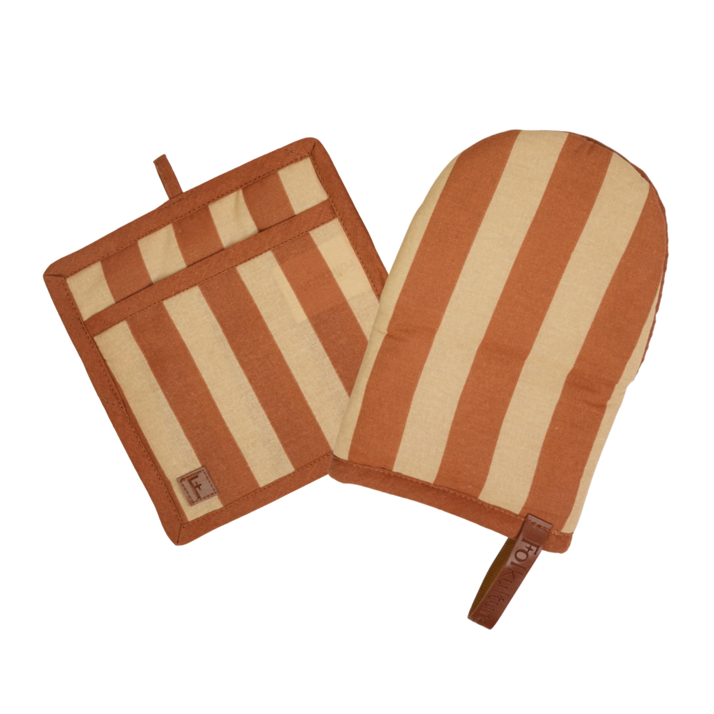 Folkulture Mini Oven Mitts & Pot Holder Set Heat Resistant | Set of 2 Short Oven Mitts with Hanging Loop | 100% Cotton Oven Gloves | Kitchen Mittens,