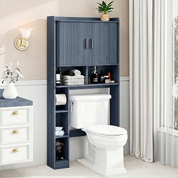 Vabches Over The Toilet Storage Cabinet with 2 Tambour Sliding Doors, Blue