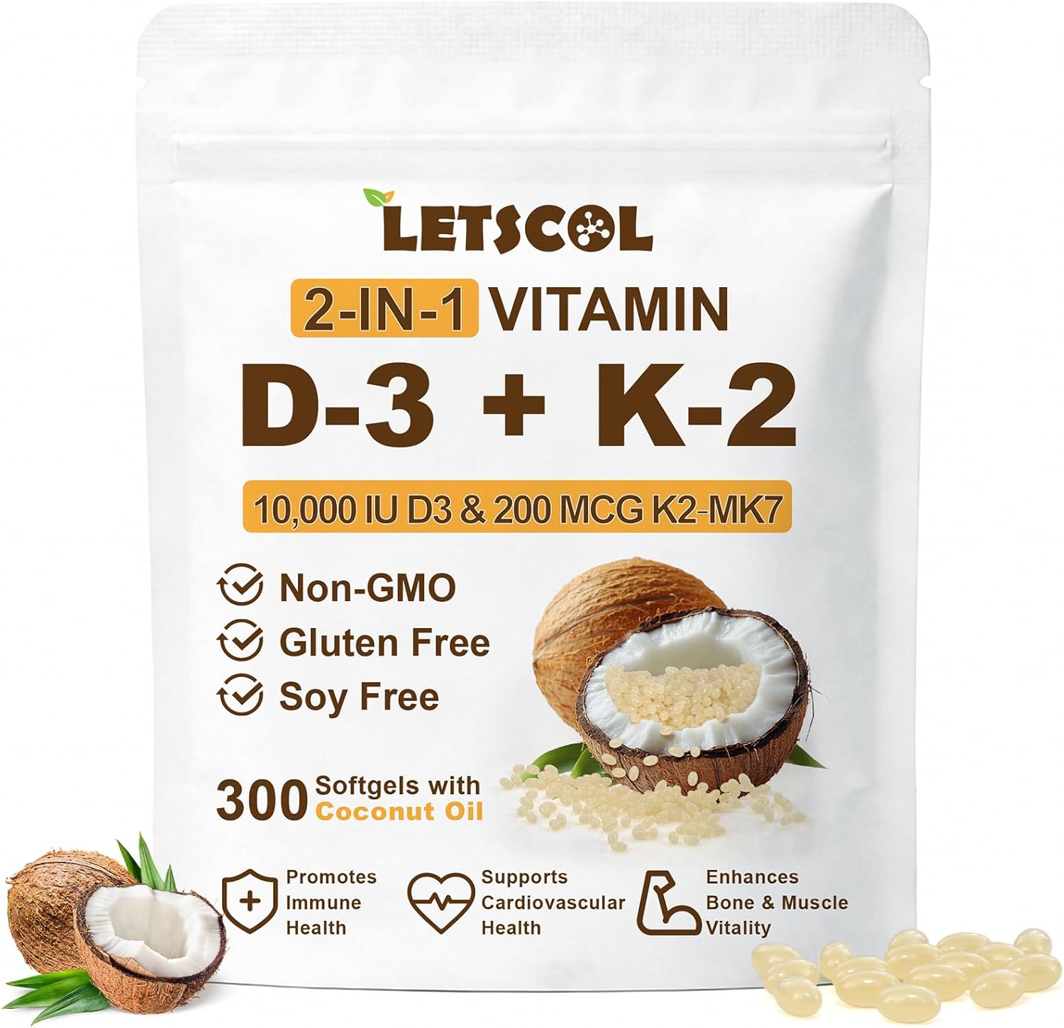 2-in-1 Vitamin D3 K2 Supplement Softgel, Vitamin D3 10000 IU and Vitamin K2 200 mcg, K2 MK7 with D3 Vitamin Supplement Support Immune, Heart, Joint, Teeth & Bone Health