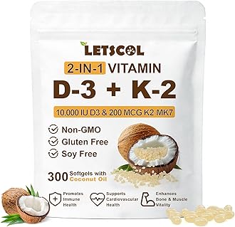 2-in-1 Vitamin D3 K2 Supplement Softgel, Vitamin D3 10000 IU and Vitamin K2 200 mcg, K2 MK7 with D3 Vitamin Supplement Support Immune, Heart, Joint, Teeth & Bone Health