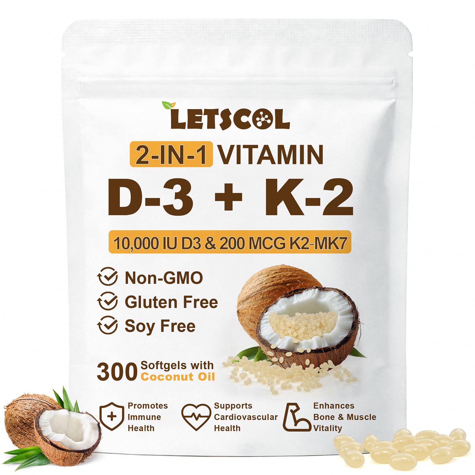 2-in-1 Vitamin D3 K2 Supplement Softgel, Vitamin D3 10000 IU and Vitamin K2 200 mcg, K2 MK7 with D3 Vitamin Supplement Support Immune, Heart, Joint, Teeth & Bone Health