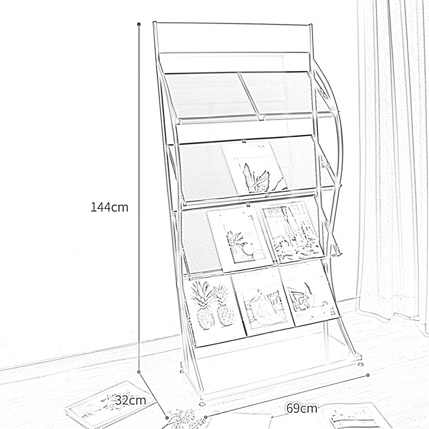 4-Tier Magazine Rack & Newspaper Holder - Floor-Standing Literature Organizer, Brochure Display Stand for Offices, Schools, Malls & Exhibitions (Black, 27.17"x12.60"x56.69")