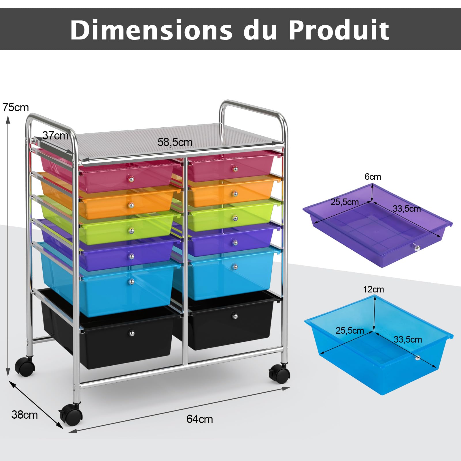 Giantex Chariot de Rangement à roulettes 12 Tiroirs Amovibles, Tour de Rangement Mobile Utilitaire à Plateau & Poignées, Desserte à roulettes pour Salon Bureau Chambre, 64x38x75CM (Multi-Transparent)