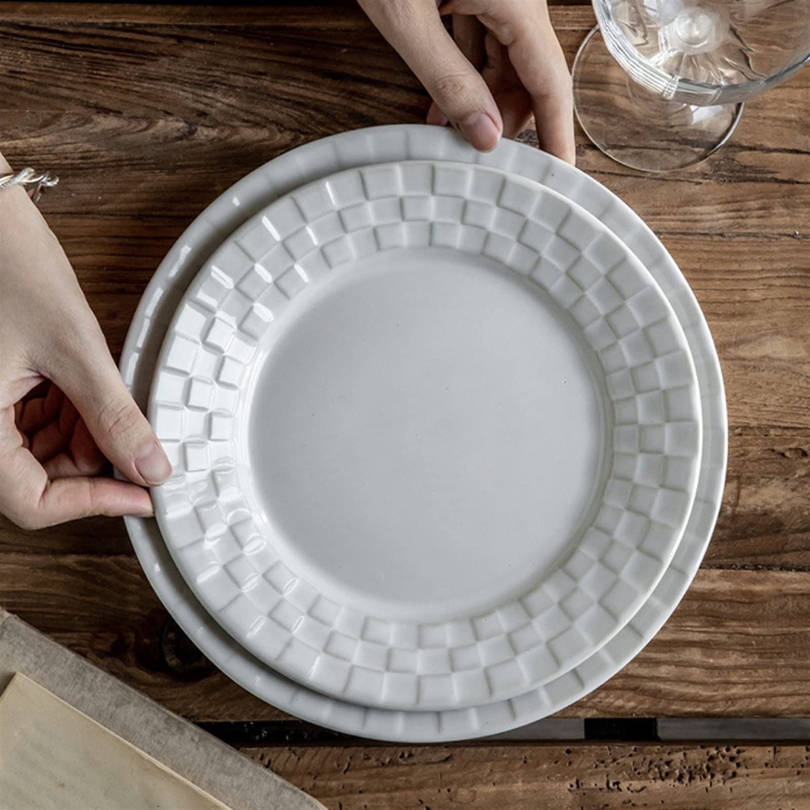 Talerze Obiadowe Vintage talerz do jadalni strona główna kuchnia Cafe deserowy ceramiczny w kratę czysty biały płaski prosty ładny dysk