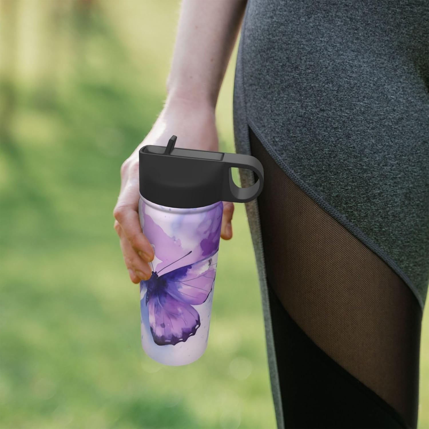 18 oz Purple Butterfly Double Wall Insulated Water Bottle with Straw and Lid, Stainless Steel Sports Bottles Watercolor Travel Mug for Home Office