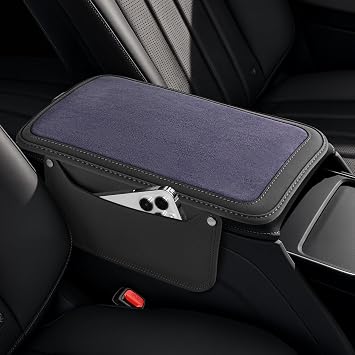 SINGARO Car Leather Center Console Cover with 2 Storage Bags, Universal Furry Fluffy Car Armrest Seat Box Pad, Comfortable Car Interior Accessories, Fits for Most Vehicles Grey