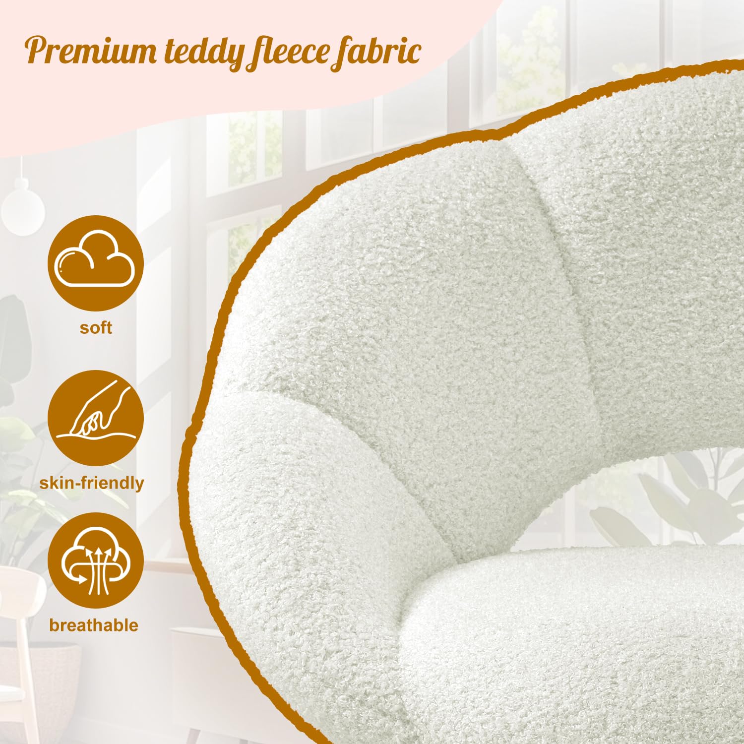 Schminktisch Stuhl, Teddy-Stoff Relaxsessel & Lesesessel, Schminkstuhl in Blumenform, Luxus Loungesessel für Arbeitszimmer, Schlafzimmer, Wohnzimmer, Balkon (Teddy-Stoff, Beige)