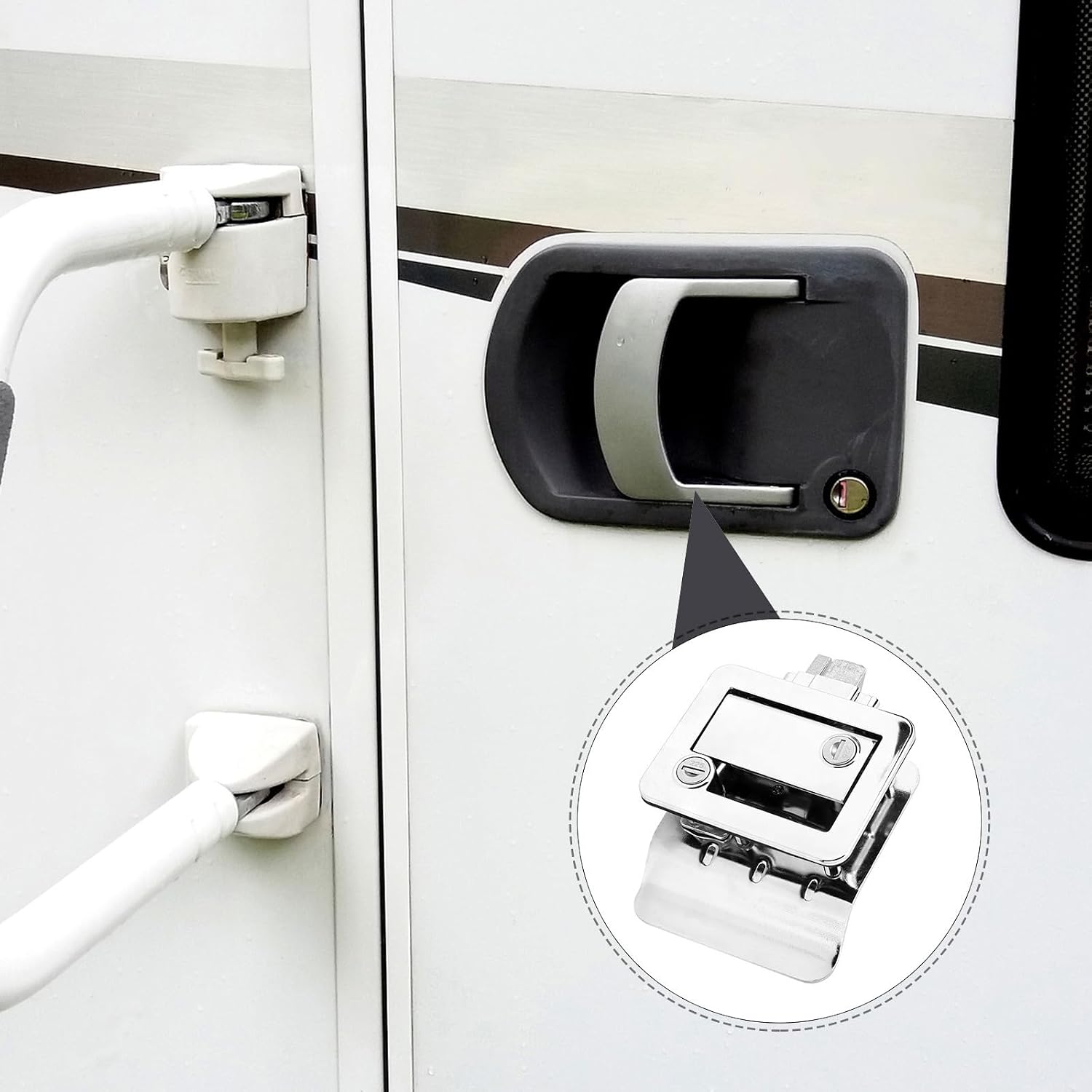 Camper Door Handle Latch for Rv Storage Door, Zinc Alloy High Strength Double Opening Lock with Fully Mechanical System, Waterproof Metal Latch for Caravan and Camper Trailer Use
