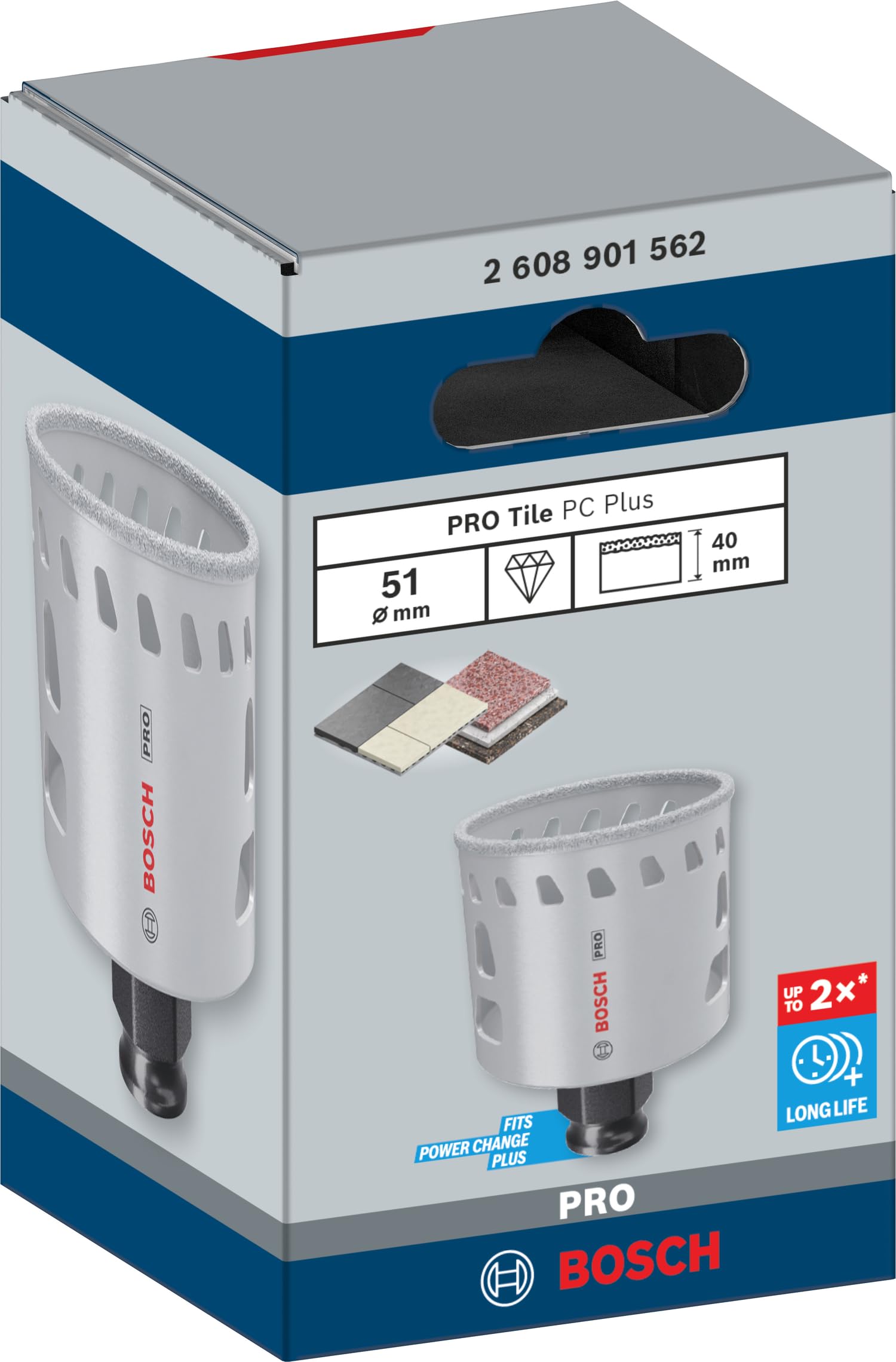 Bosch 1x Scie trépan PRO Tile Power Change Plus (pour Carreaux de Hard Ceramic, Céramique tendres, Ø 51 mm, Professional Accessoire Perceuses)
