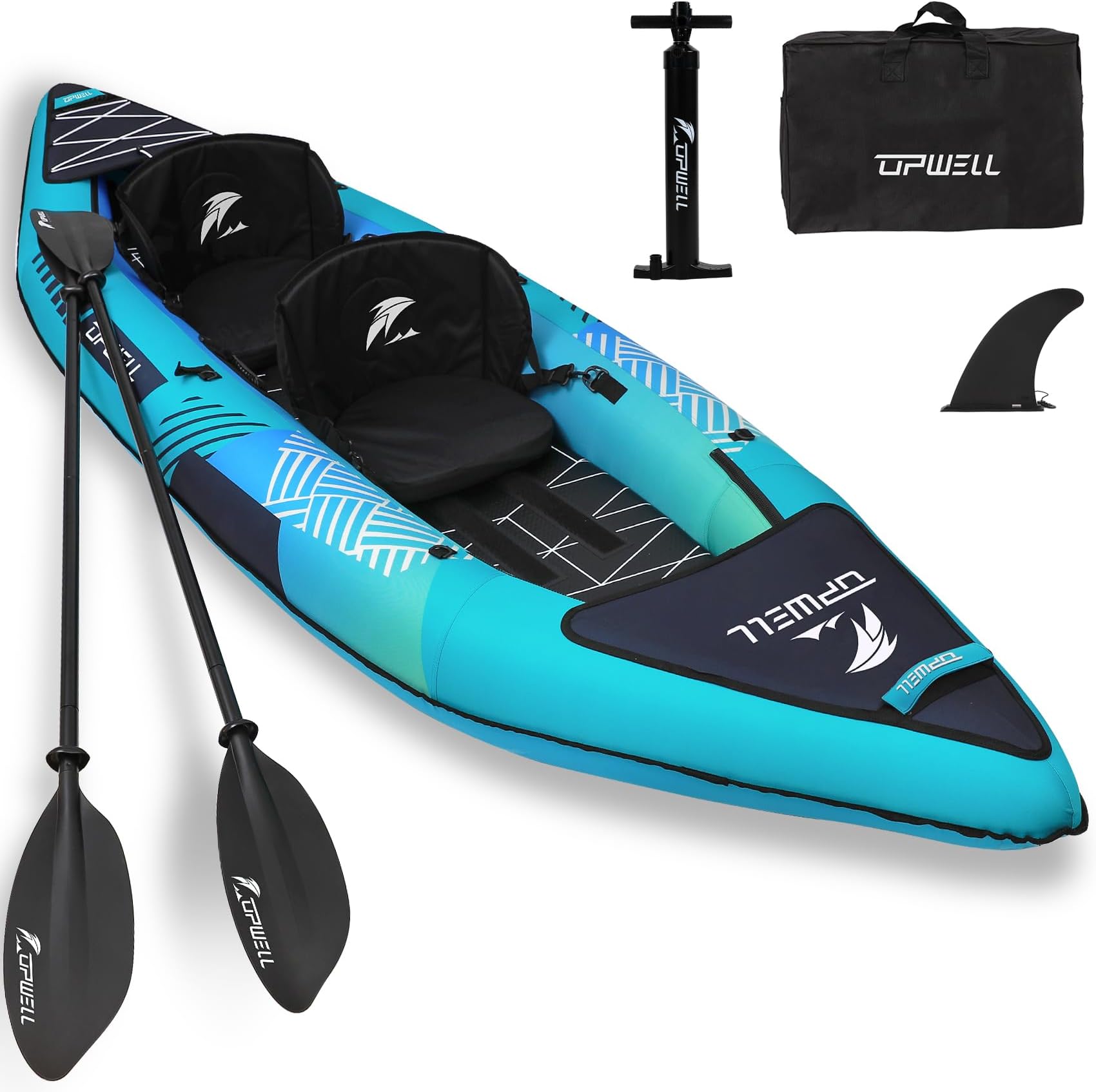 13'6/11' Inflatable Recreational Kayak - 2 Person with Drop Stitch Floor and Accessories Including Kayak Seats with High Back Support, Paddle, Fin, Repair kits, Carry bag and Hand Pump