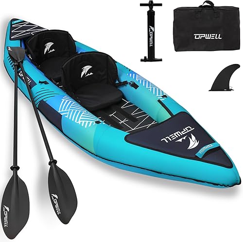 UPWELL Kayak recreativo inflable de 13'6"11'  2 personas con piso de punto de caída y accesorios, incluyendo asientos de kayak con soporte de