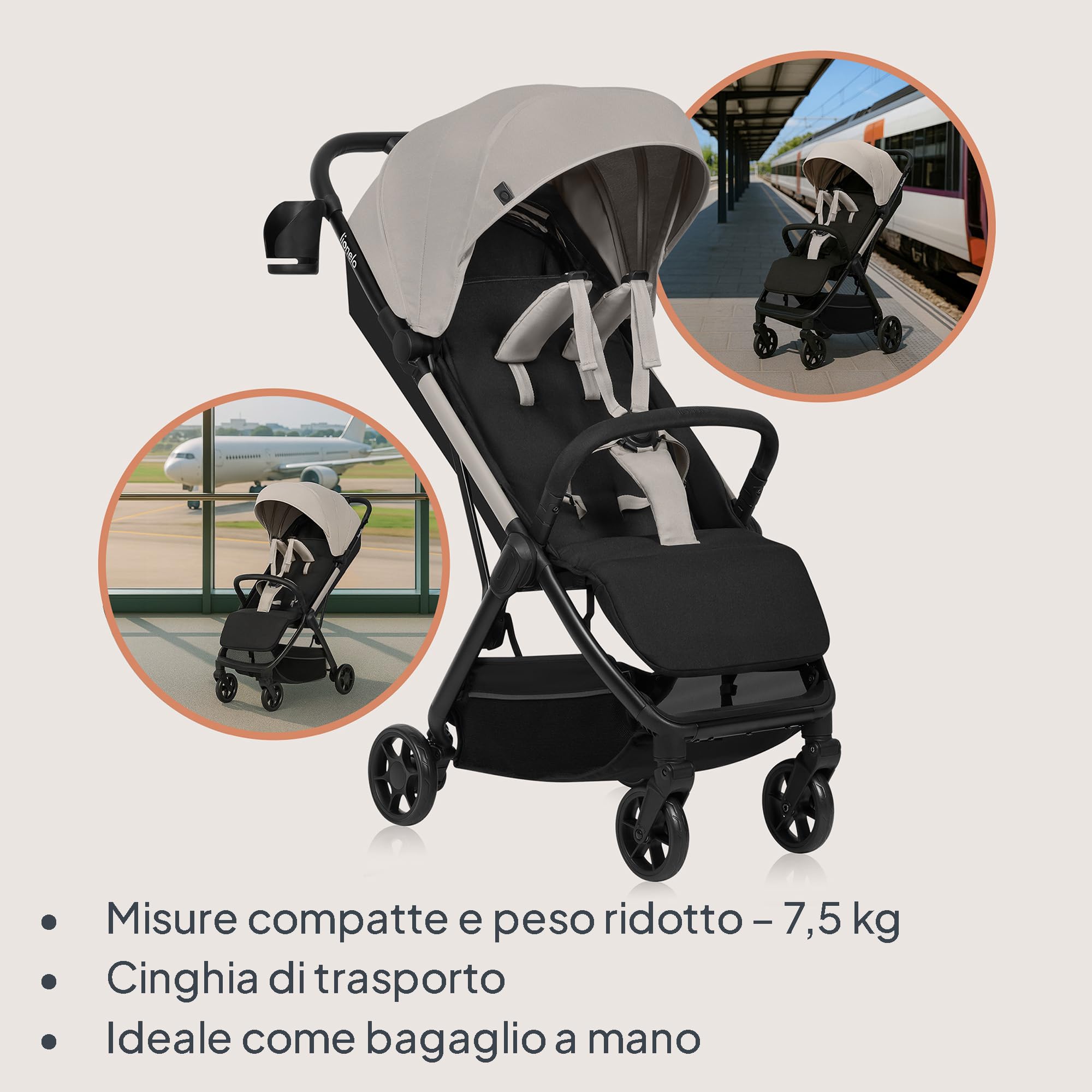 LIONELO Julie Air Passeggino da Viaggio Compatto per Aereo fino a 22 kg | Da 6 Mesi a 4 Anni, Leggero, Ruote Girevoli 360° con Sospensione, Chiusura a Una Mano, Schienale Regolabile, Tettuccio UPF50+