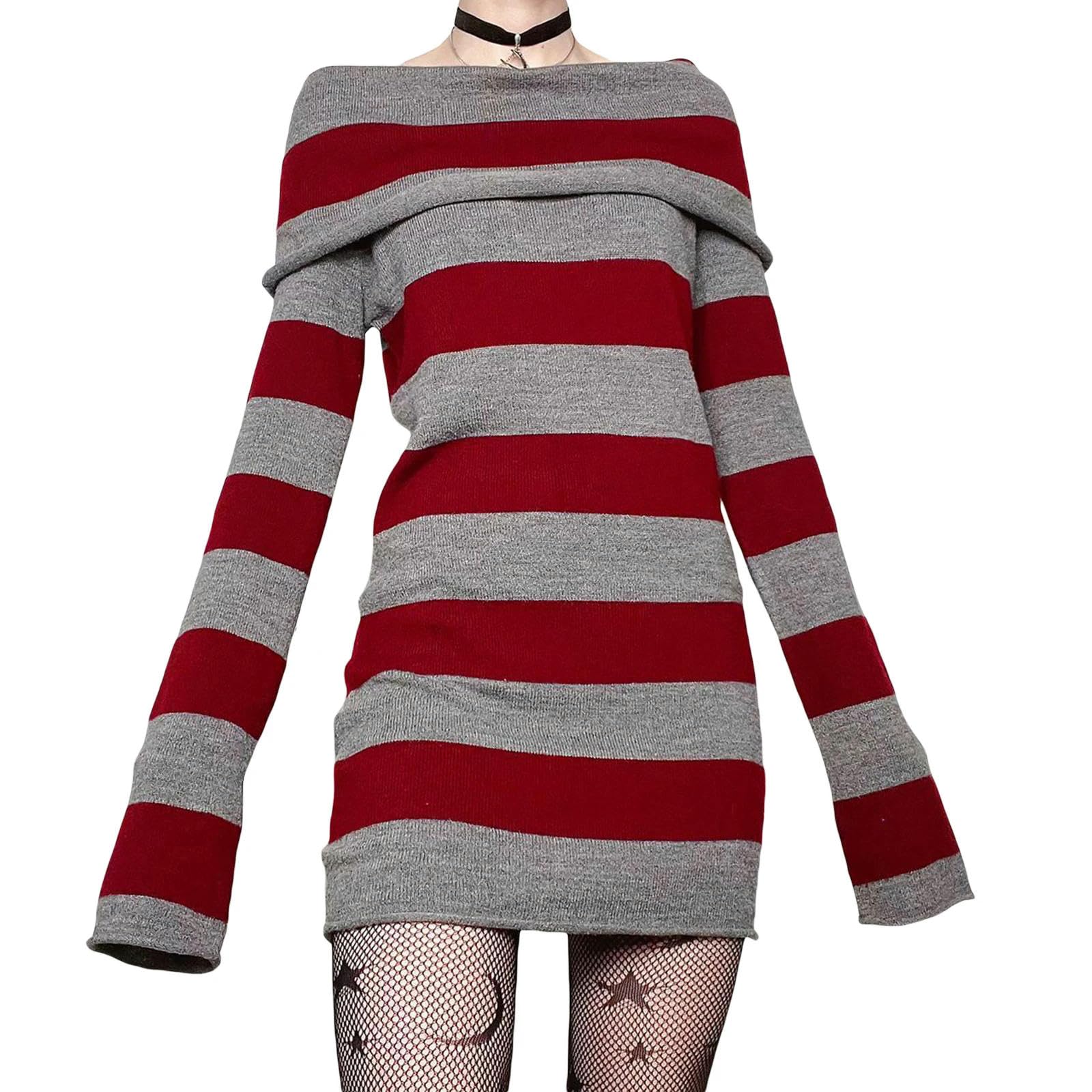 Vestido Ajustado Corto de Primavera para Mujer, Vestido de Fiesta con Cuello Barco, Manga Larga y Rayas, Ajustado a la Cadera, Talla B-XL