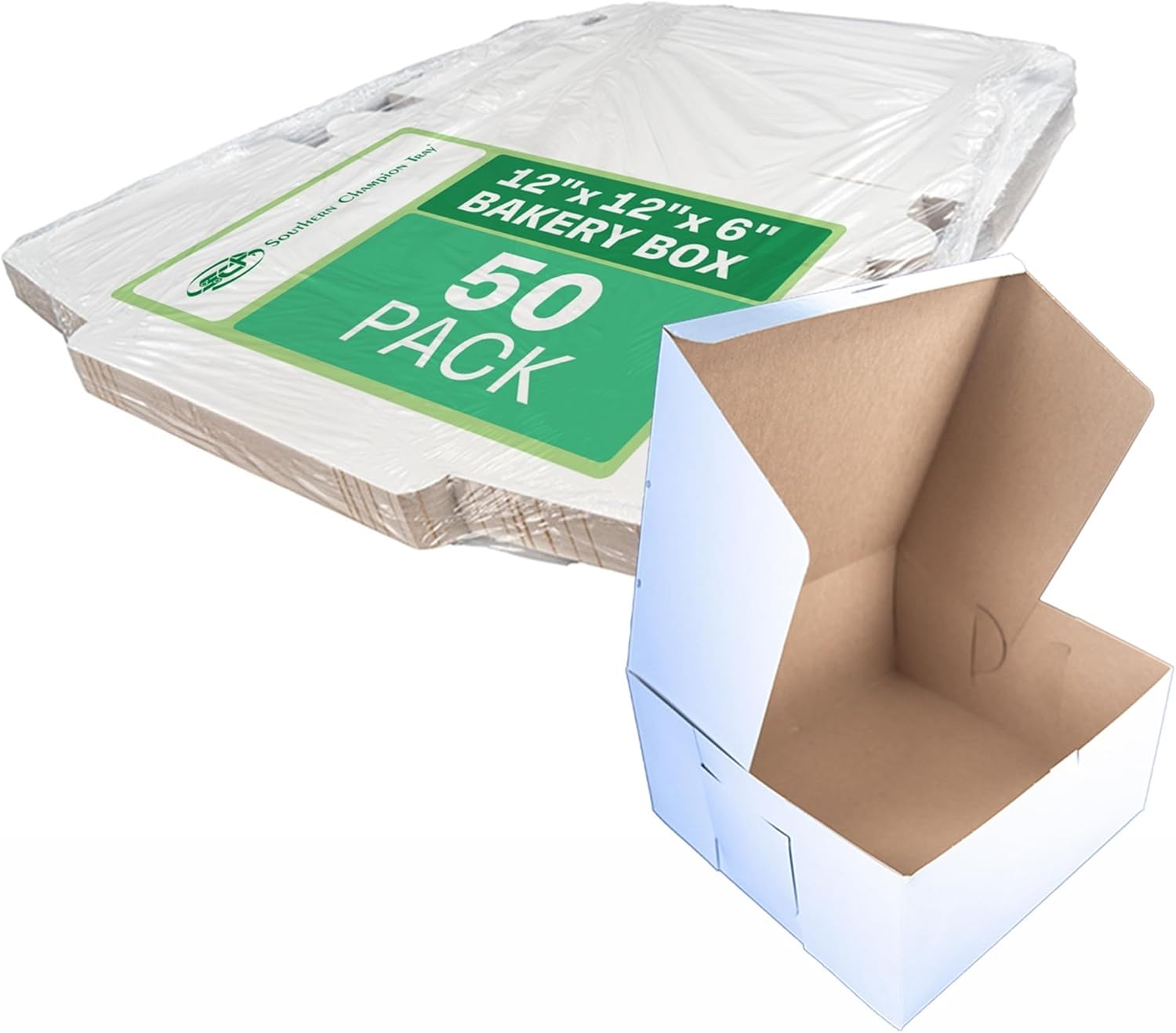 Southern Champion Tray 0989 Premium Clay-Coated Kraft Paperboard White Non-Window Lock Corner Bakery Box, 12" Length x 12" Width x 6" Height, White (Case of 50)