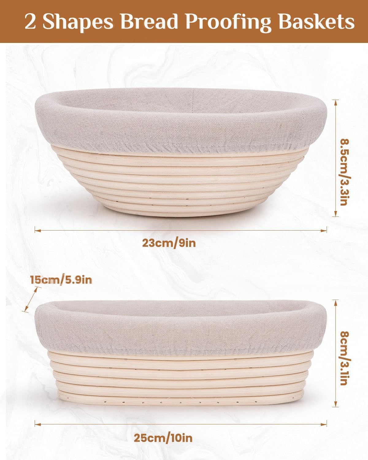 Gärkorb Set,Brot Gärkörbchen aus Peddigrohr zum Brot backen,Gärkörbchen Rund & Oval 2er Set,Gärkorb Brot mit Teigschaber für Heim- und Professionelle Bäcker