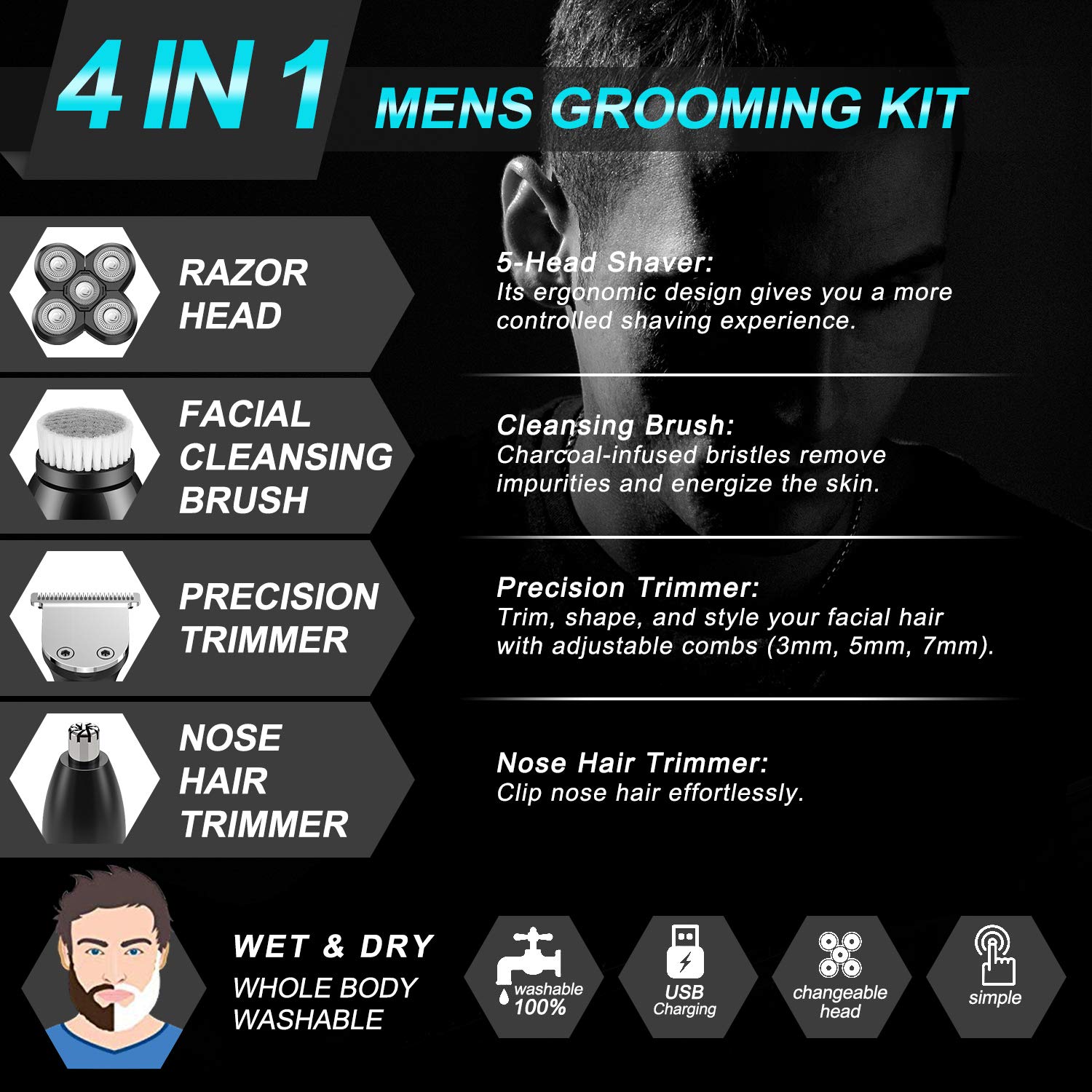 Electric Shavers for Men, 4 in 1 Bald Head Shaver with LED, Rechargeable Wet & Dry Electric Razor with Clipper, Nose Trimmer, Facial Brushes Electric Razor for Men Grooming Kit - Type-C Charge