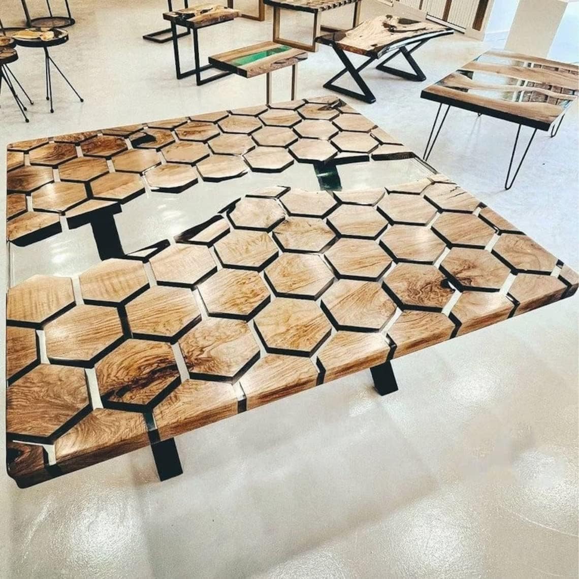 Customized Large Hexagonal Acacia Wood Resin Dining Table, 36 x 20 Inches, 16.5" Tall, 8 Seater image 2