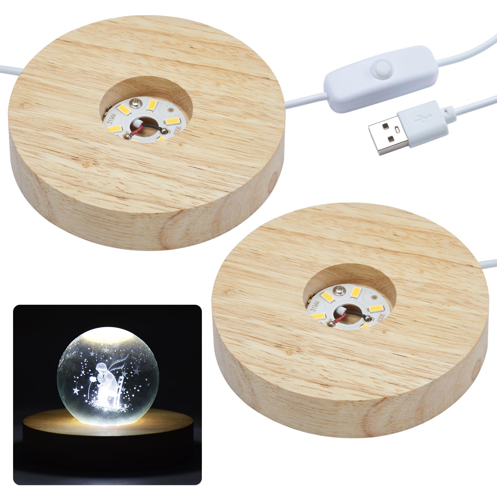 NEWCOMDIGI 2pcs LED Cold White Lights Base, Color Temperature 6000K,Round Wooden Lighted Base, USB Crystal Sphere Holder,Display Stand for 3D Crystal Glass Resin Art