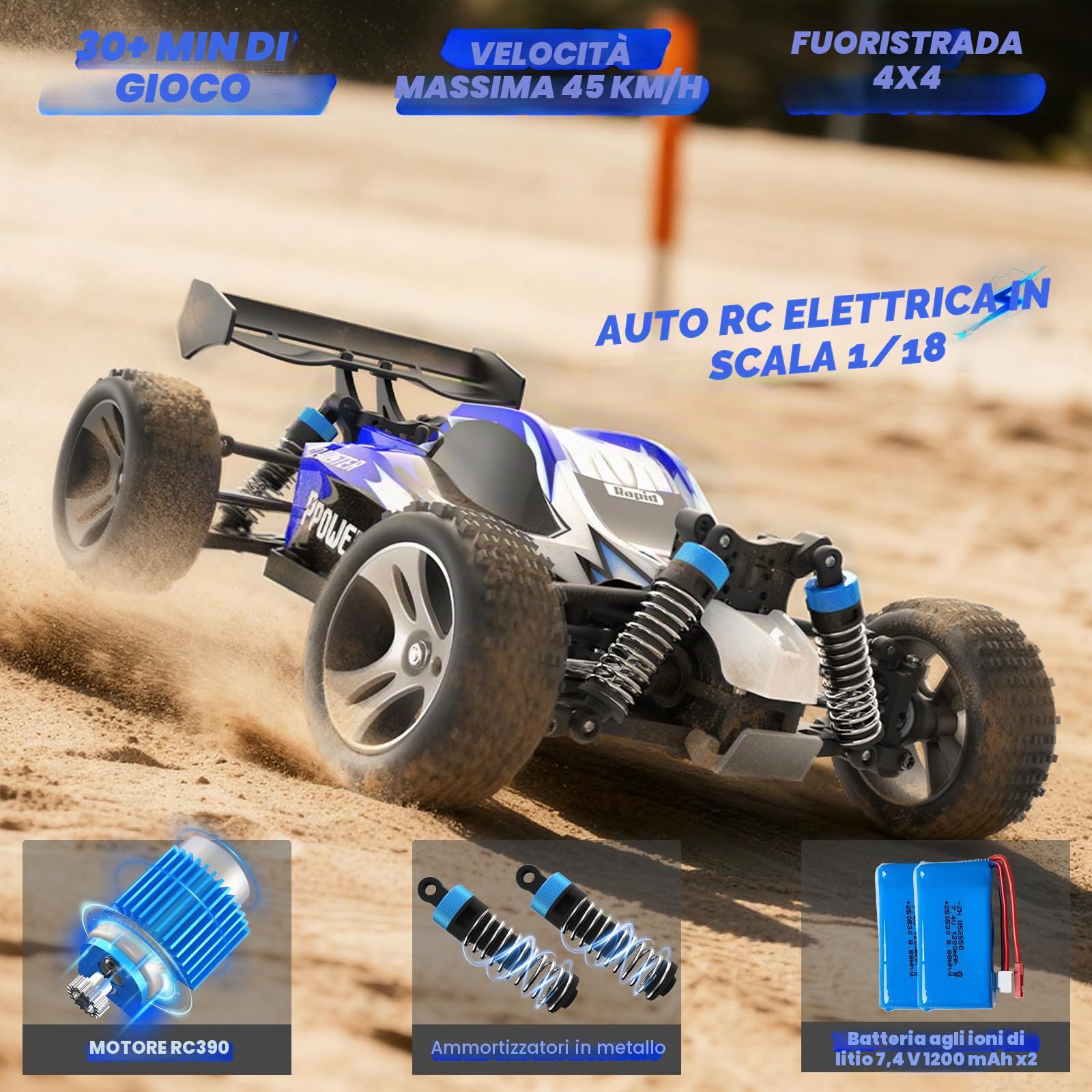 Simrex Auto fuoristrada radiocomandata, scala 1:18, 45 km/h, 4WD con telecomando da 2,4 GHz, auto RC con 2 batterie ricaricabili, regalo per bambini e adulti, blu