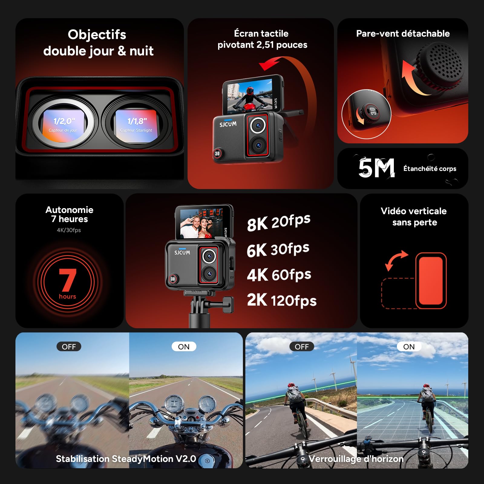 SJCAM SJ30 8K/20FPS,4K/60FPS Camera Action Dual Objectif avec Autonomie 7H | Écran Tactile Rabattable 2,51", Stabilisation Steady Motion 2.0,Camera Vlog pour Moto,Randonnée