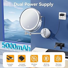 9\'\' 30X/1X Wall Mounted Lighted Makeup Mirror, 5000mAh Rechargeable Double-Sided Magnifying Mirror with Light, Vanity Mirror Touch Dimmable 3 Colors 360 Rotation Extended Foldable Arm, Power Adapter