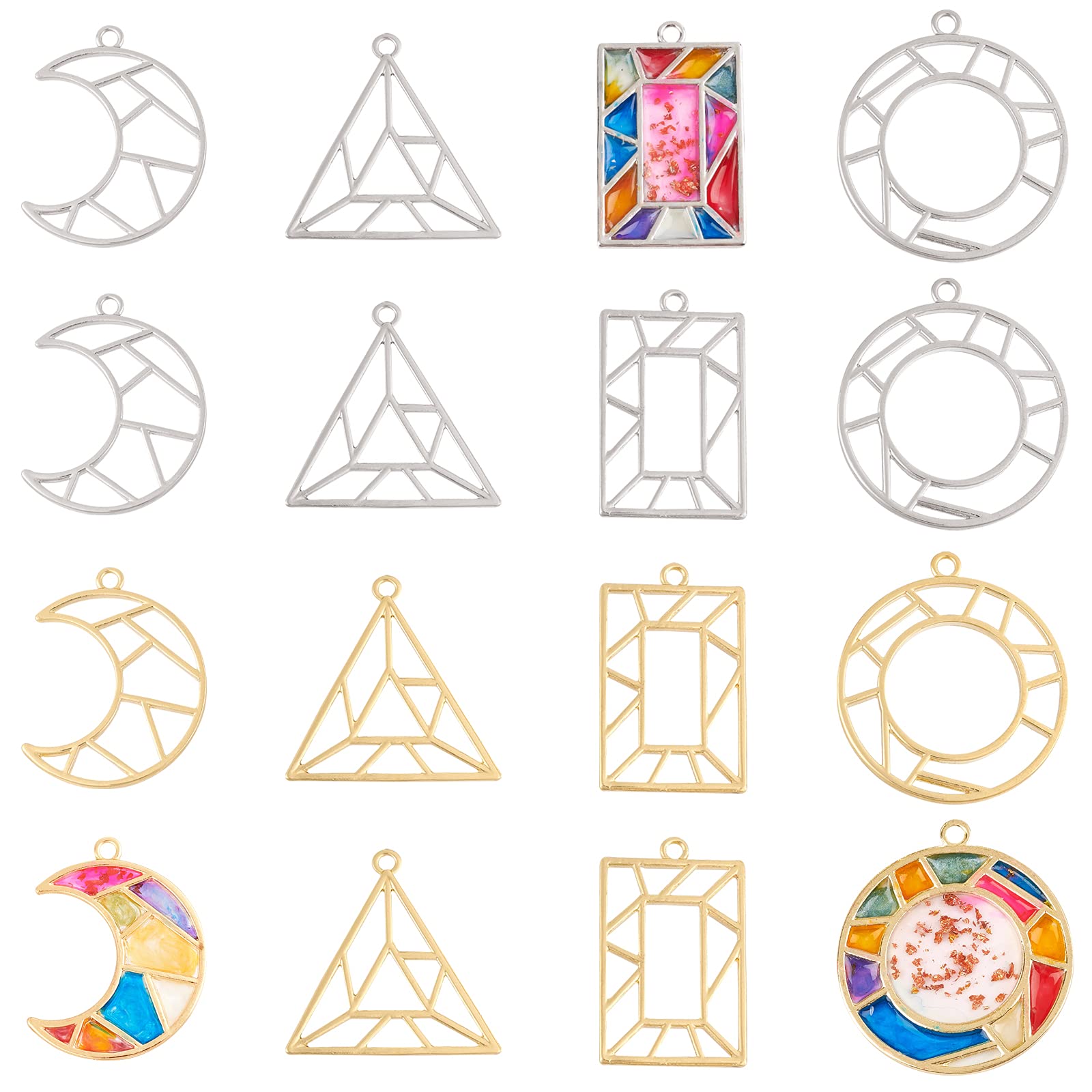 OLYCRAFT 32pcs Geometric Open Bezel Pendant 4 Styles Partially Open Back Bezel Partially Hollow Out Charm with 1 Roll Seamless Paper Tape -Platinum and Golden