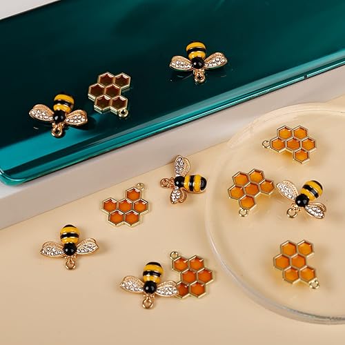 Miniatura 7 de BENBO Juego de 20 dijes de abeja esmaltados de aleación, colgantes de panal de abeja con diamantes de imitación, adornos con forma de abejorro con