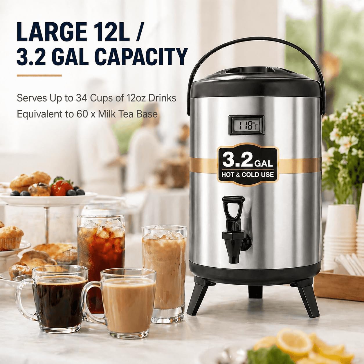 Dispensador de bebidas aislado de 3.2 galones, servidor térmico de café y bebidas de 12 litros con espiga, recipiente de bebidas frías y calientes no eléctrico para jugo, té, leche o chocolate