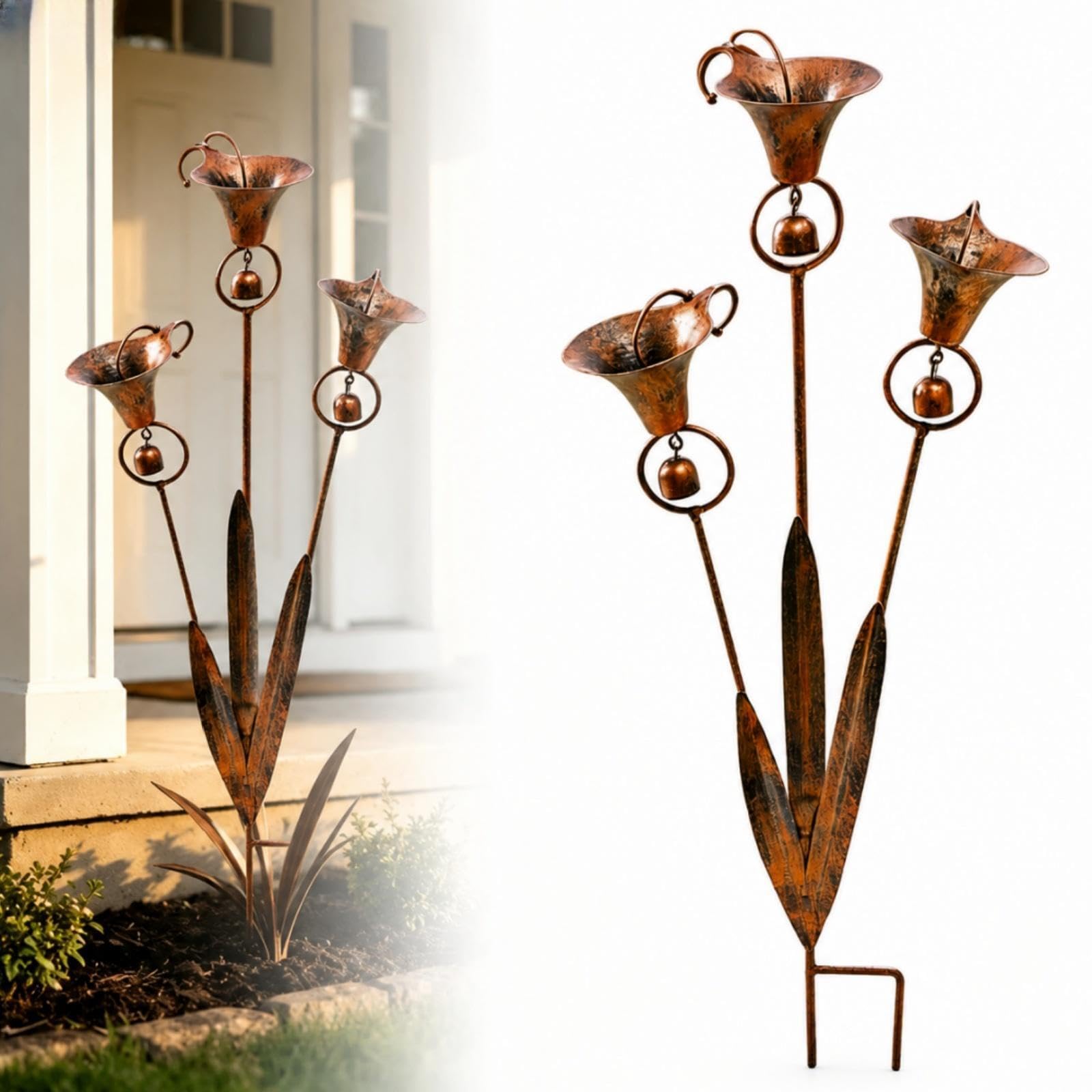 Flamed Copper Three Calla Lilies Garden Stake with Bells, Large Metal Flower Garden Art Decor, Handmade Outdoor Wind Bell Stake, Copper Garden Ornaments for Patio Lawn Pathway Gifts for Garden Lovers
