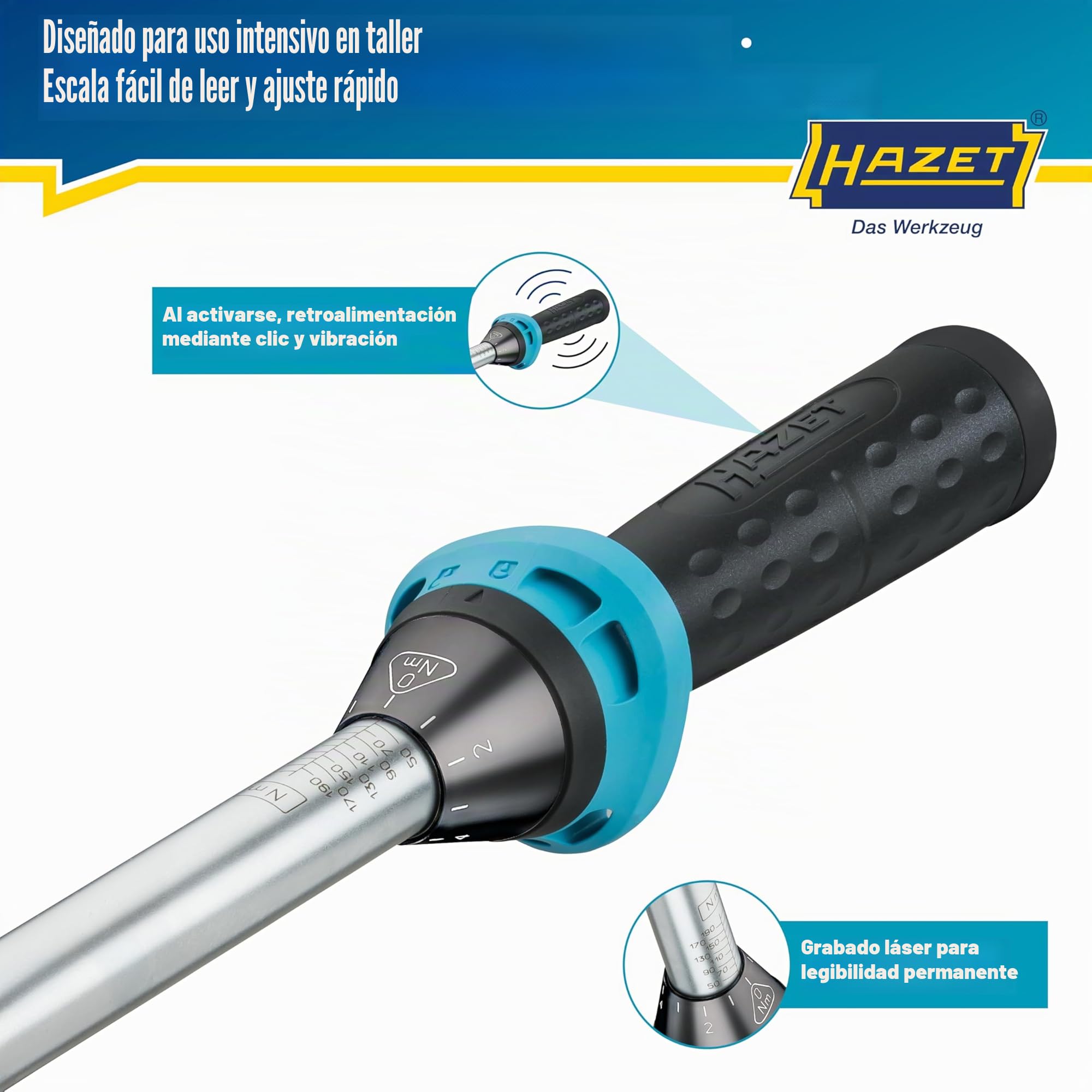 Hazet Llave dinamométrica 5122-2CT I Salida: cuadrado 12,5 mm, 1/2 pulgada, tolerancia: 4%, 32 dientes I Carraca reversible para coche y bicicleta I 519mm