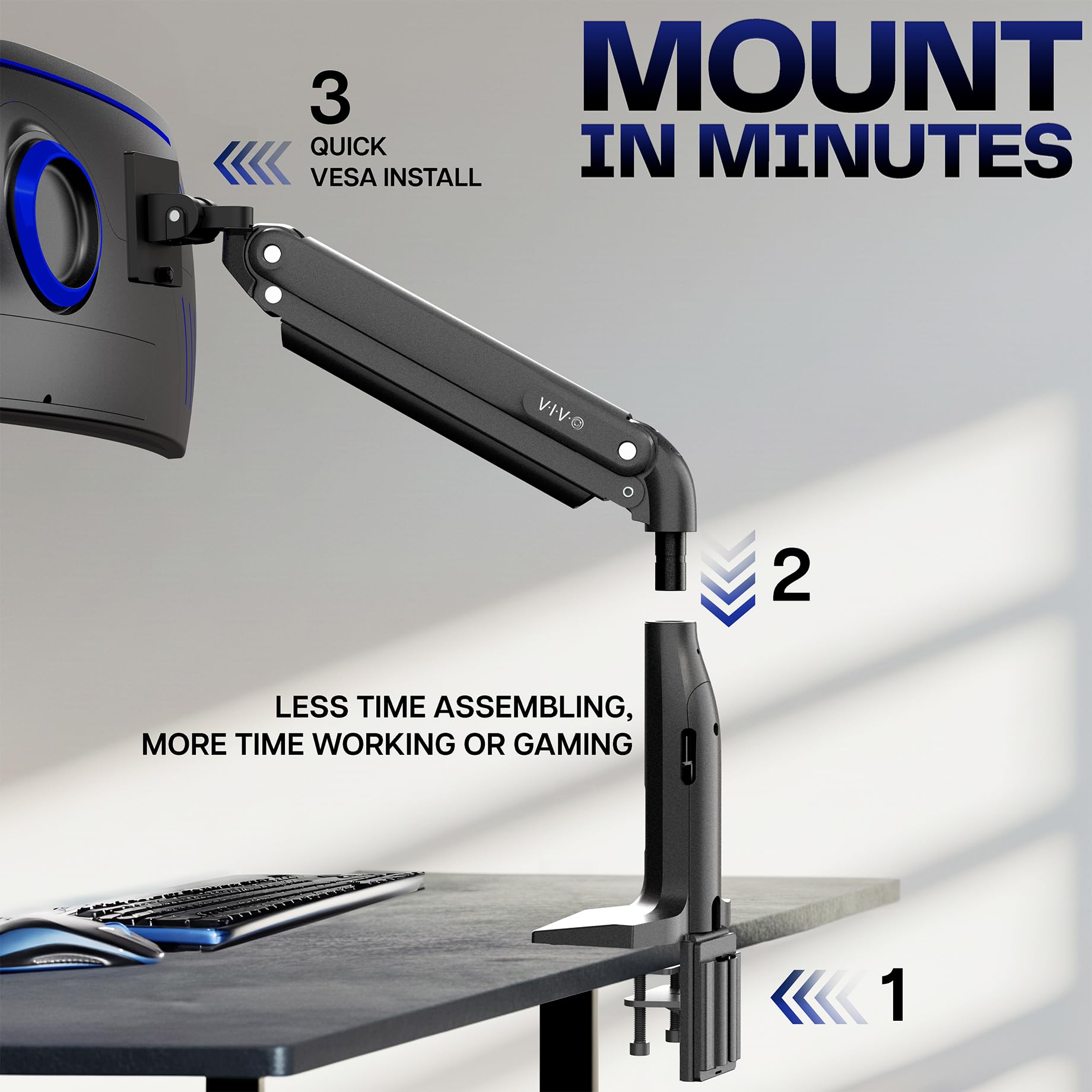 VIVO Support d'écran ultra large en aluminium, classique + USB, convient aux écrans jusqu'à 49", bras pneumatique articulé unique, ports USB, pince en C et support de bureau, VESA max 200 x 100, noir