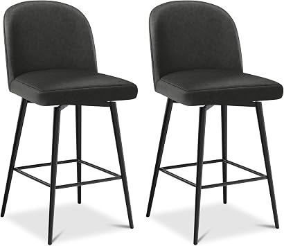 Barstools Bar Height Set of 2, 26 Inch Upholstered 360Swivel Counter Height Bar Stools with Back and Metal Legs, Kitchen Island Counter Stools Bar Chair, Fabric in Faux Leather, Dark Grey